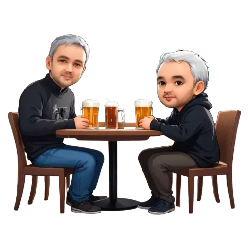 A drawing of two men at a table with drinks.