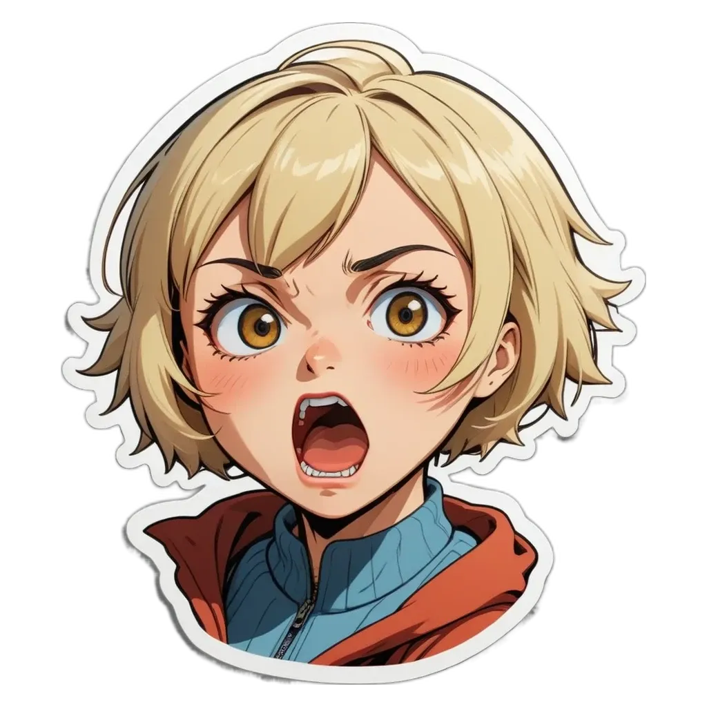 A girl with a scary face sticker on her that is wearing a red jacket.
