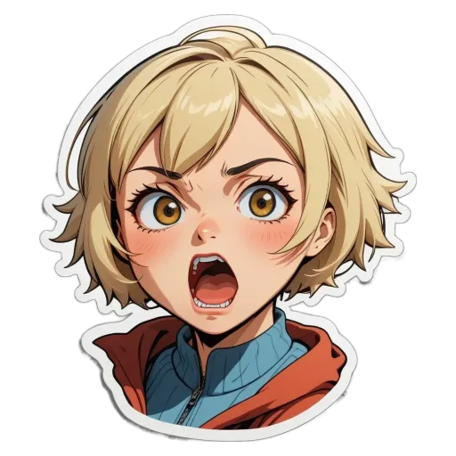A girl with a scary face sticker on her that is wearing a red jacket.