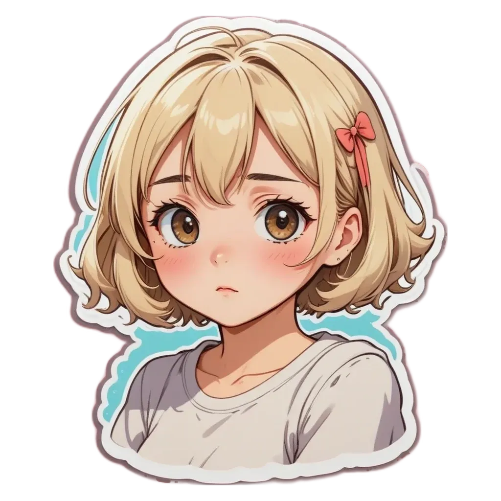 A girl with a bow in her hair is looking down with her eyes watering.