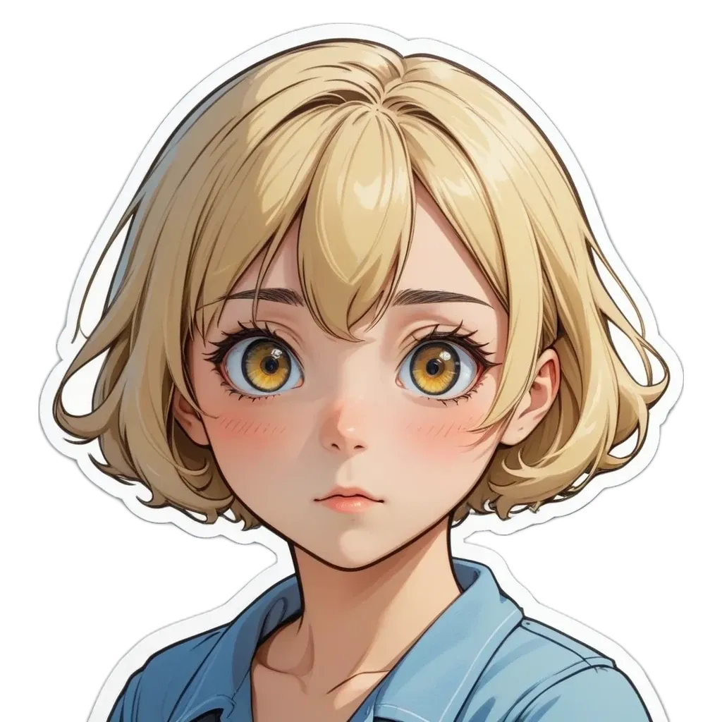 A sticker of a girl with short hair and a blue shirt.