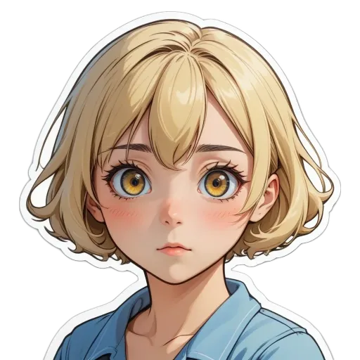 A sticker of a girl with short hair and a blue shirt.