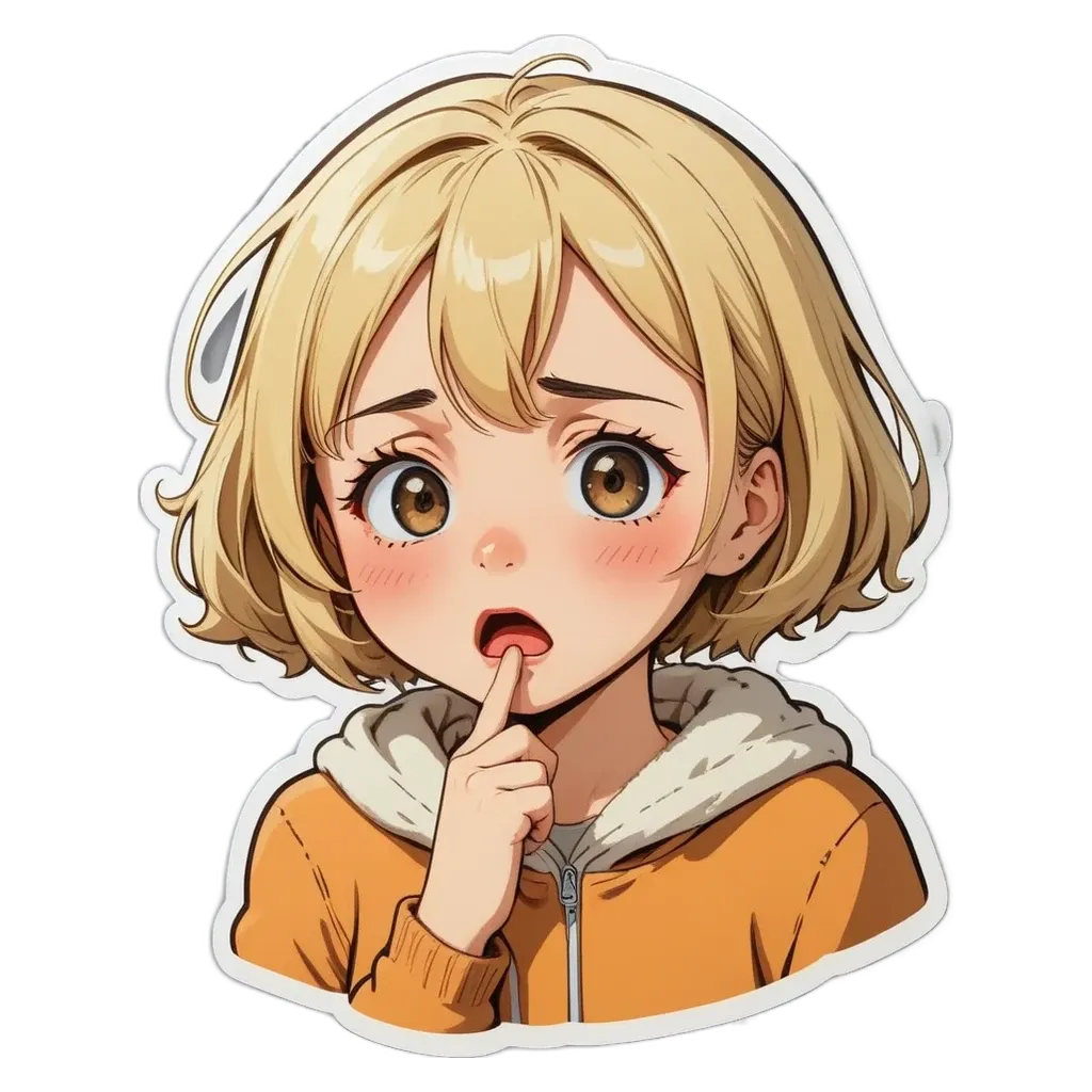 A girl with a sticker on her that is blushing and looking down.