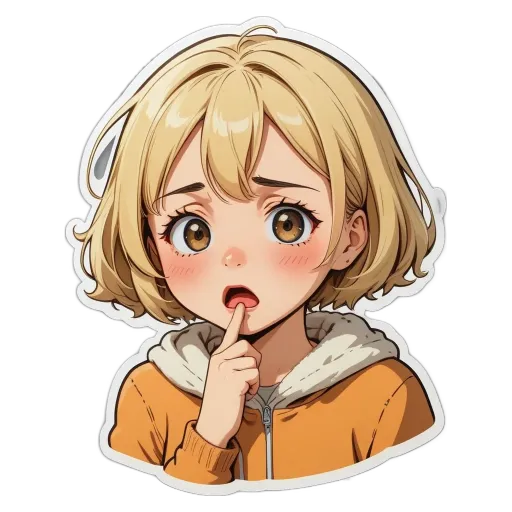 A girl with a sticker on her that is blushing and looking down.