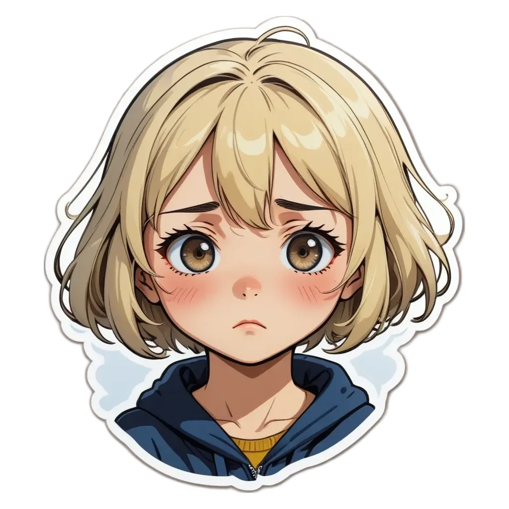 A girl with a sad face sticker on her right.