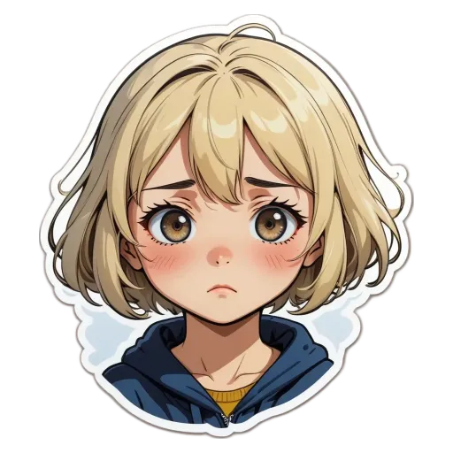 A girl with a sad face sticker on her right.