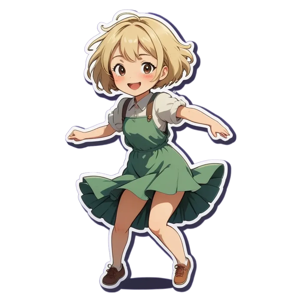 A girl is dancing and wearing a green dress.