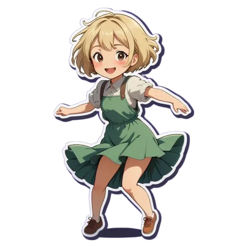 A girl is dancing and wearing a green dress.