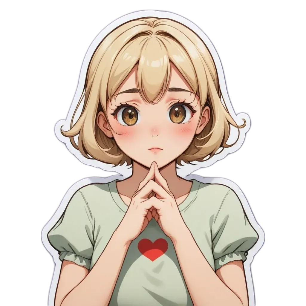 A girl with a heart on her shirt is thinking.