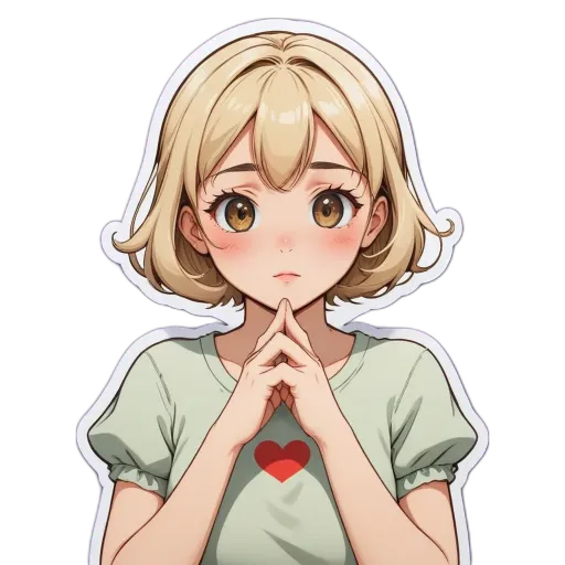 A girl with a heart on her shirt is thinking.