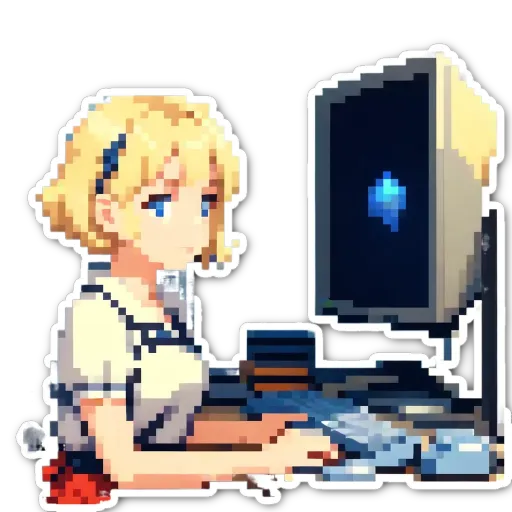 A girl using a computer in a sticker.