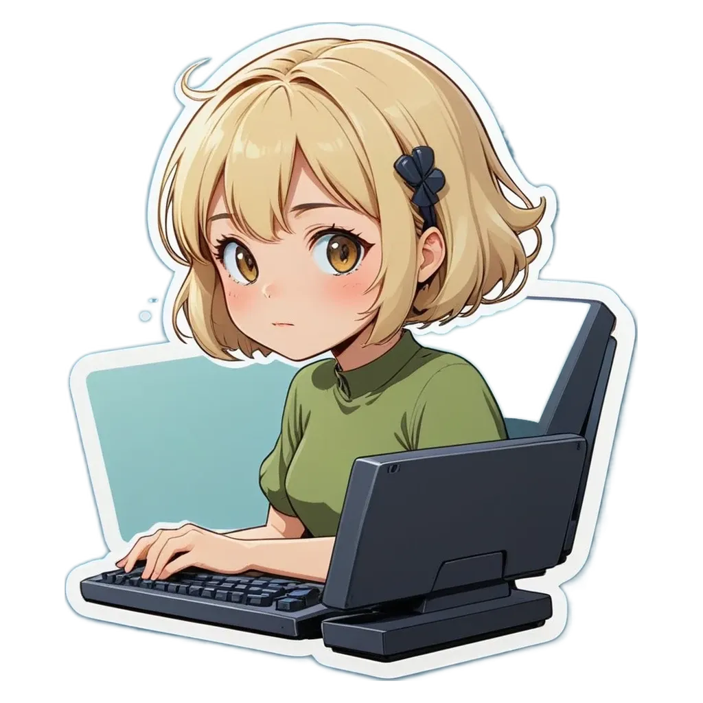 A girl is using a computer and looking at the screen.