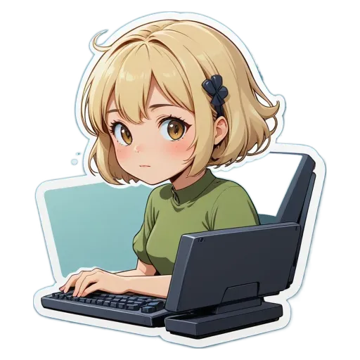 A girl is using a computer and looking at the screen.