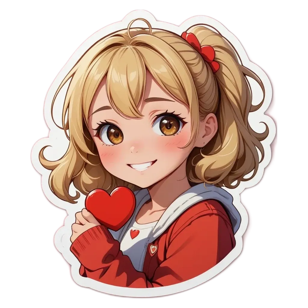 A girl with a heart is holding a red sticker with a heart on it.