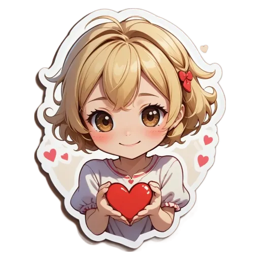 A girl with a heart between her two fingers.
