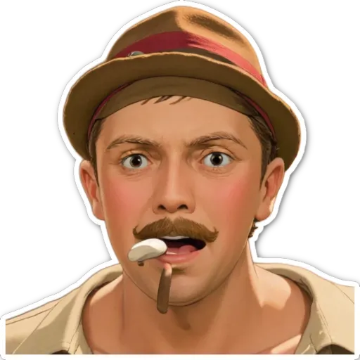 A sticker of a man with a mustache and hat that says "this is an image of".