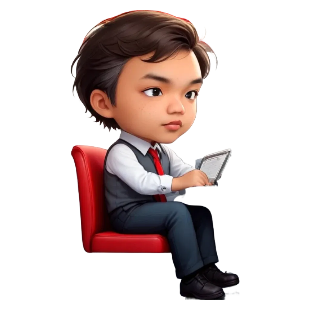 A boy is sitting in a red chair and using a laptop.