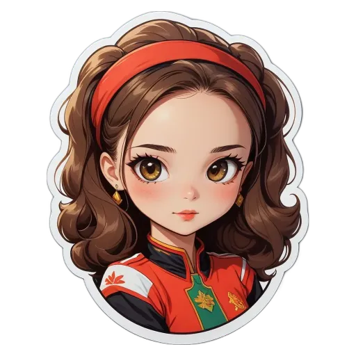 A sticker of a girl that is brown and curly.