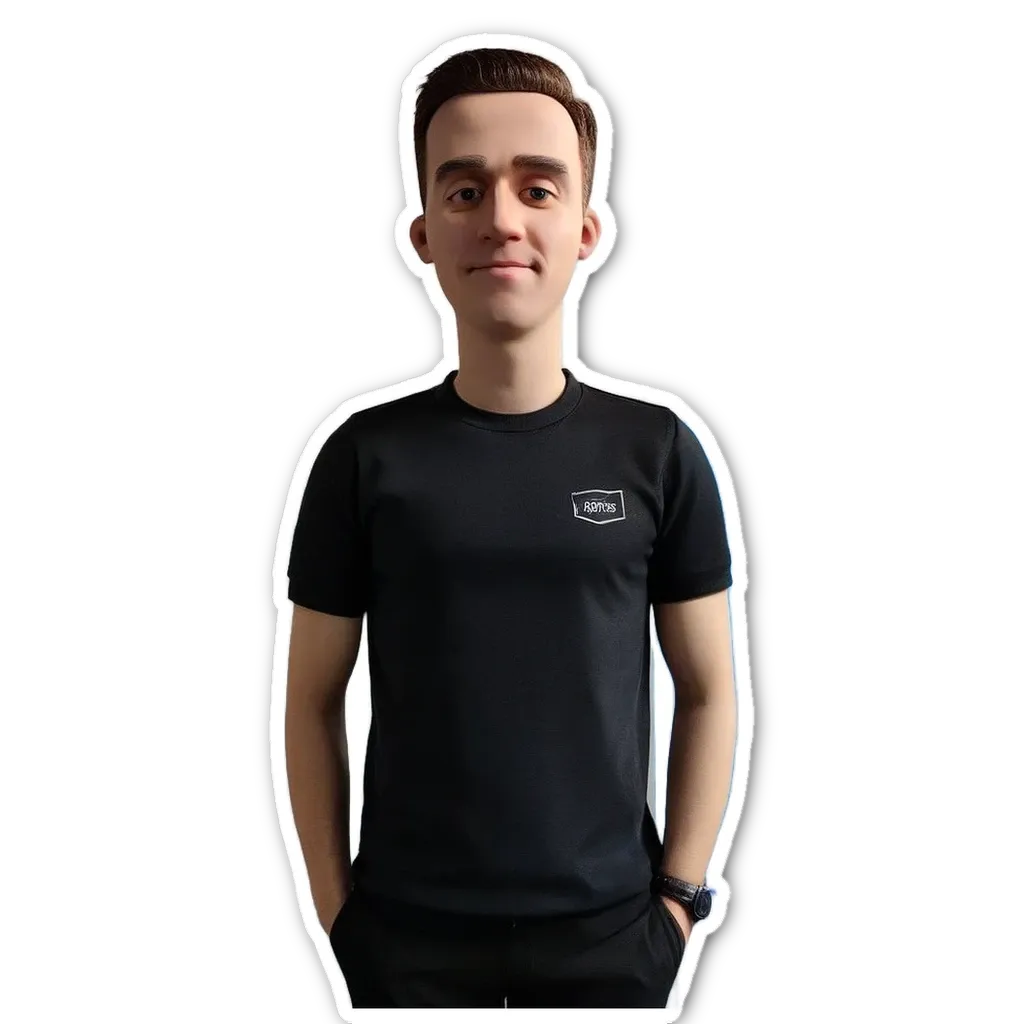 A sticker of a man wearing a black shirt that says kodak.