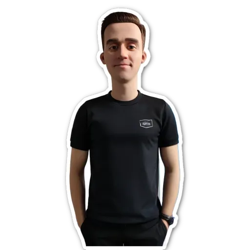 A sticker of a man wearing a black shirt that says kodak.