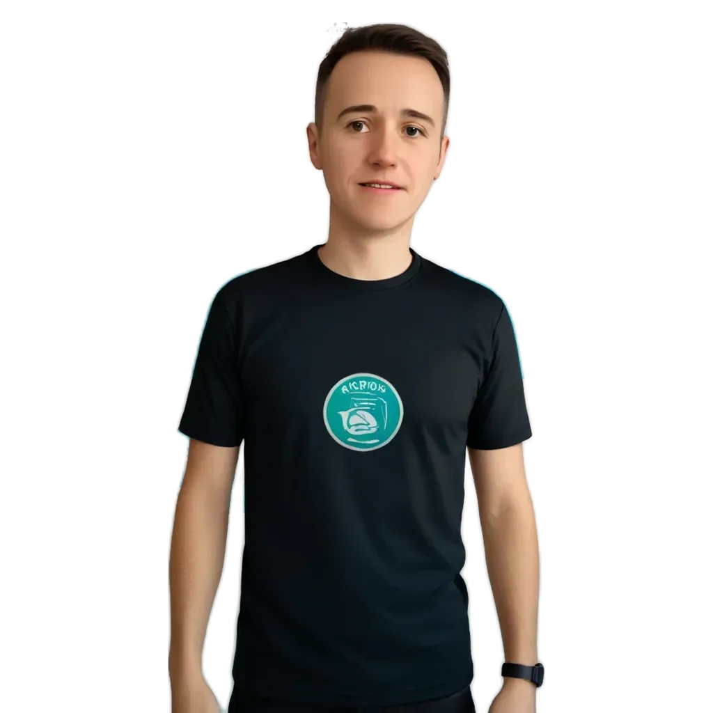 A young man wearing a black shirt with a logo in the center that says kop.