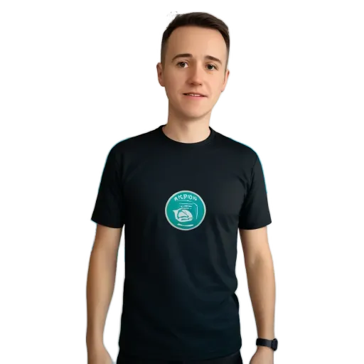 A young man wearing a black shirt with a logo in the center that says kop.