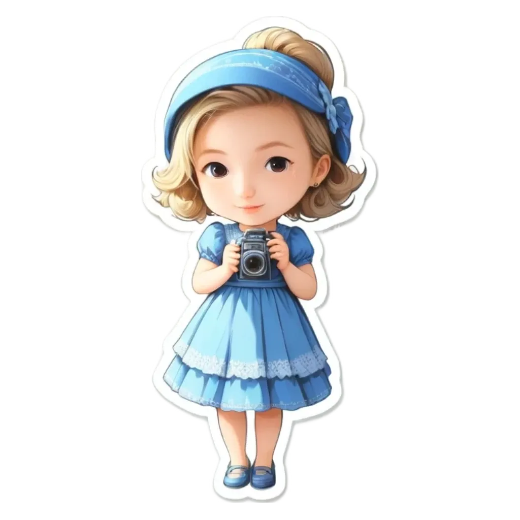 A girl holding a camera in a blue dress.
