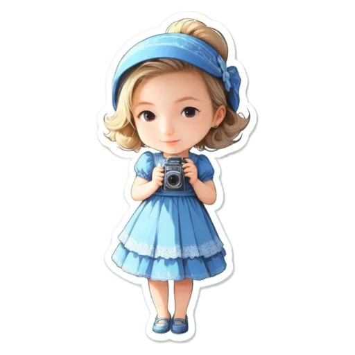A girl holding a camera in a blue dress.