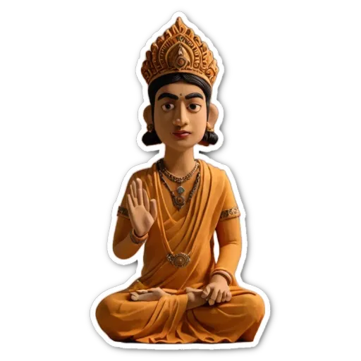 A sticker of a buddha statue in orange.