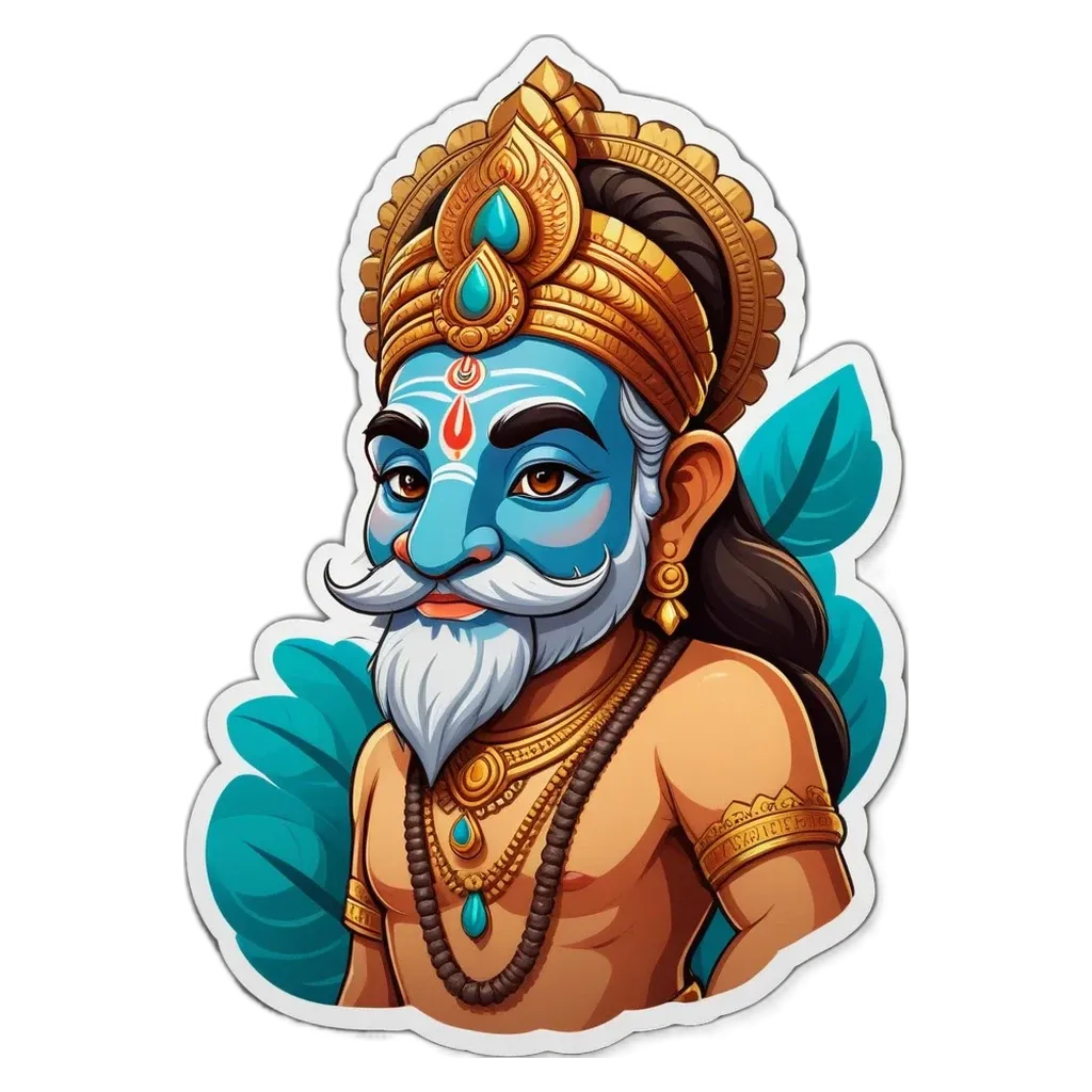 A sticker of a man with blue mustache and gold jewelry.