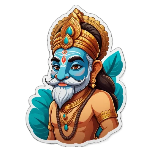 A sticker of a man with blue mustache and gold jewelry.