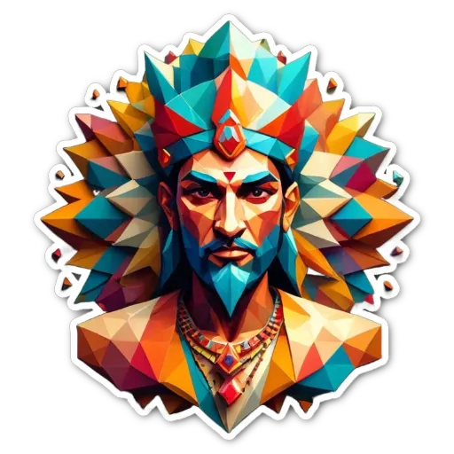 A colorful man with a Polynesian head is wearing a blue and red necklace.