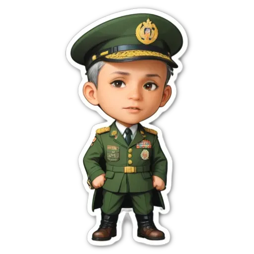 A sticker of a military man wearing a green uniform and a hat.