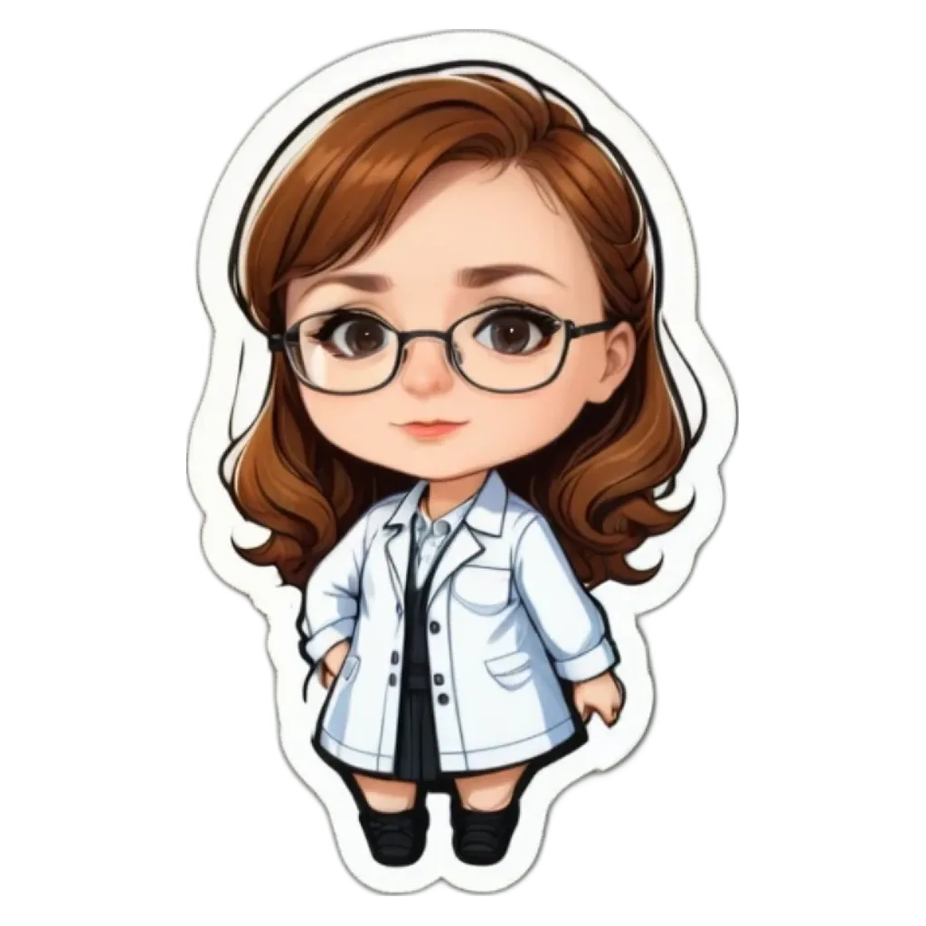 A sticker of a girl that is wearing glasses.