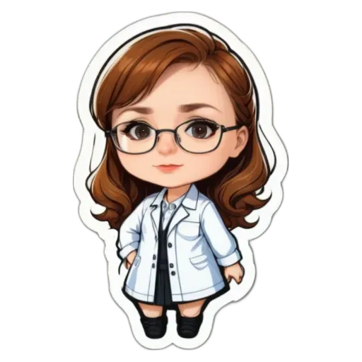 A sticker of a girl that is wearing glasses.