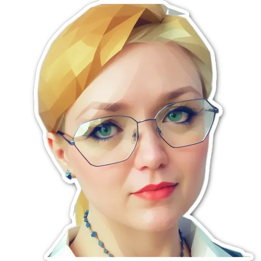 A woman wearing glasses and a pony tail has a red lipstick.