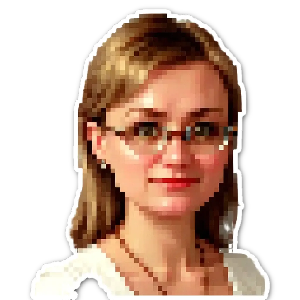 A girl wearing glasses is in the middle of a sticker.