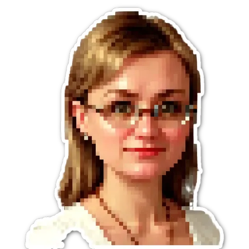 A girl wearing glasses is in the middle of a sticker.