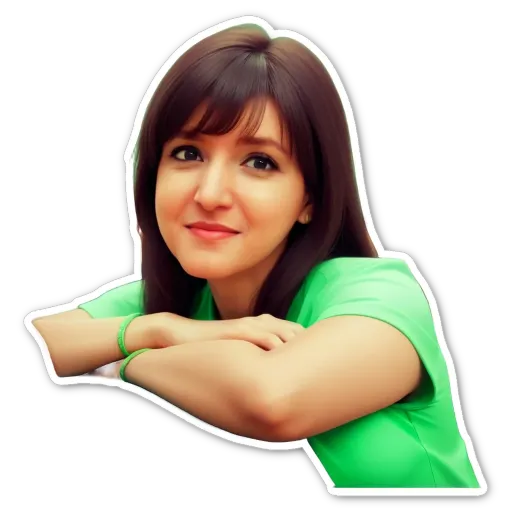 A green colored lady is resting her elbows on her hands.