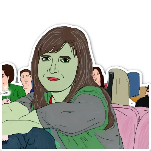 A woman with a green shirt and a sticker that has a woman on it.