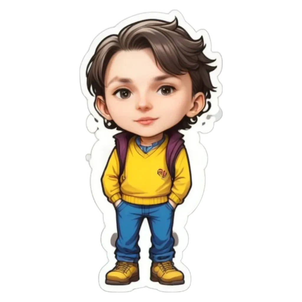 A boy wearing a yellow sweater and blue jeans as a sticker.