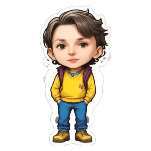 A boy wearing a yellow sweater and blue jeans as a sticker.