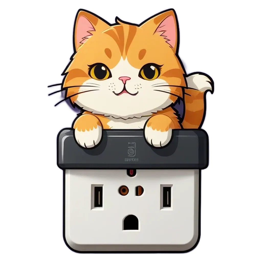 A cat holding a socket that is an electric socket.