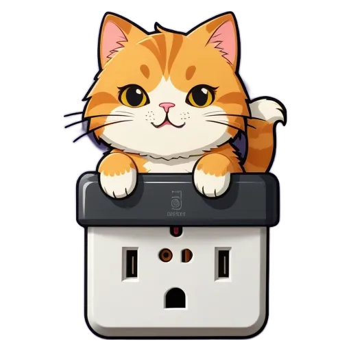 A cat holding a socket that is an electric socket.