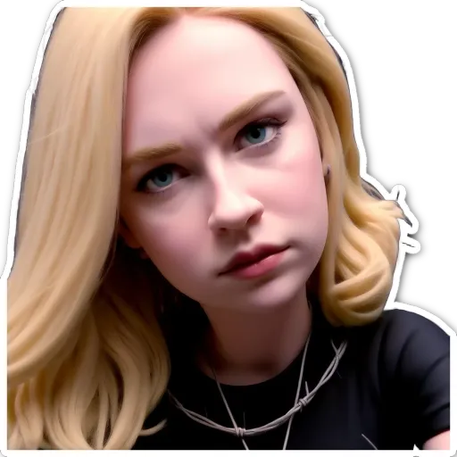 A blonde woman with blue eyes standing in front of a black background.
