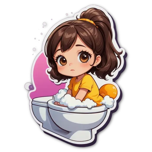 A girl is sitting on a toilet with soap in her hair.