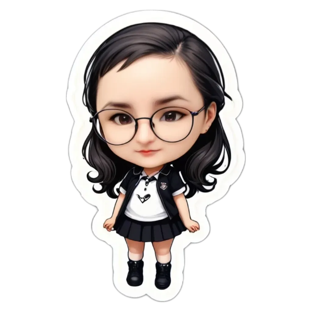 A sticker of a girl that is wearing glasses.