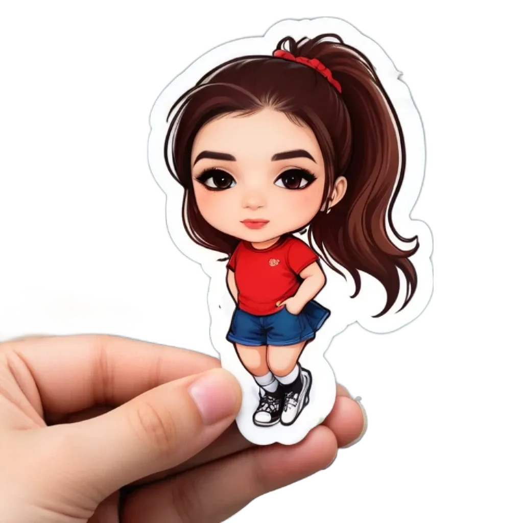 A hand holding a girl sticker that is red and blue.