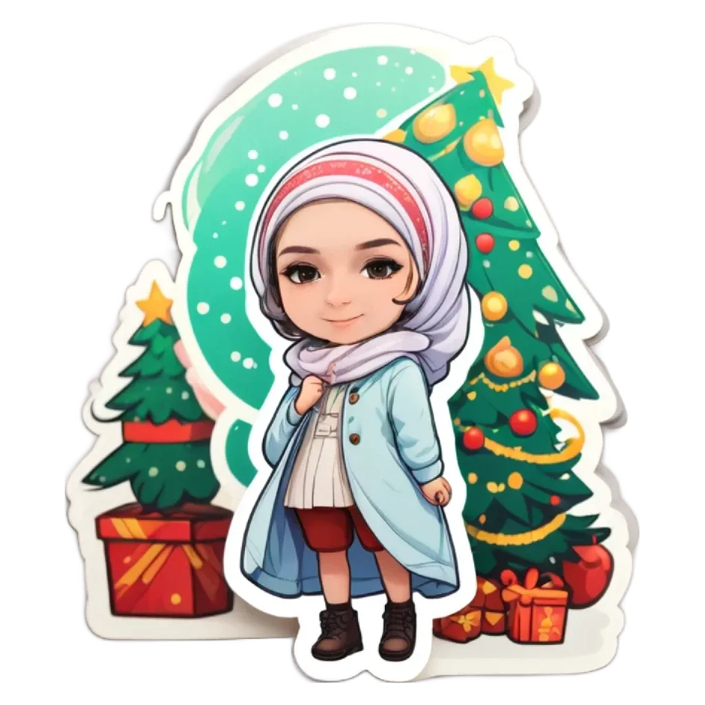A cartoon picture of a girl in a christmas outfit in front of a tree.