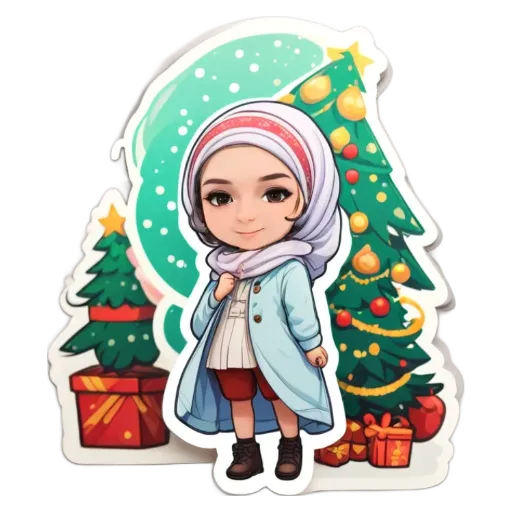 A cartoon picture of a girl in a christmas outfit in front of a tree.